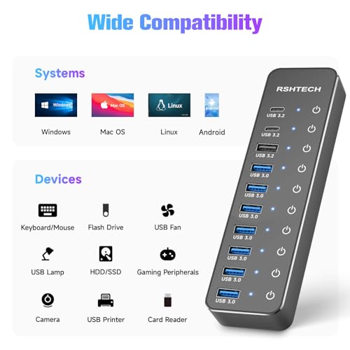 Powered USB Hub: RSHTECH 10-Port USB 3.2/USB C Hub 60W – Size Reference