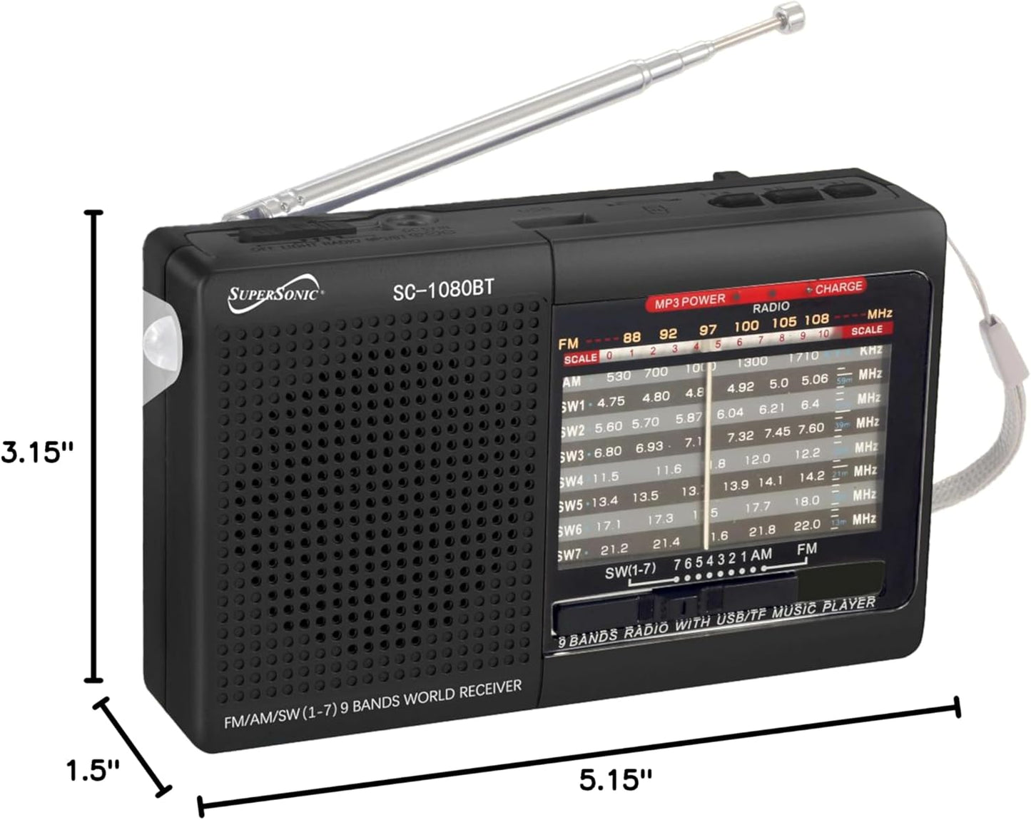 Supersonic SC-1080BT 9-Band Radio with Bluetooth – Close-up Detail