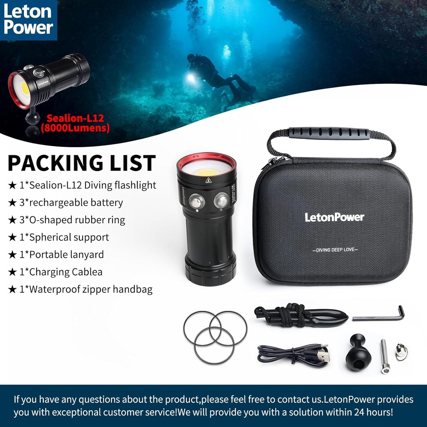 Diving Flashlight: L12 8000Lumens Dive Light – Back View