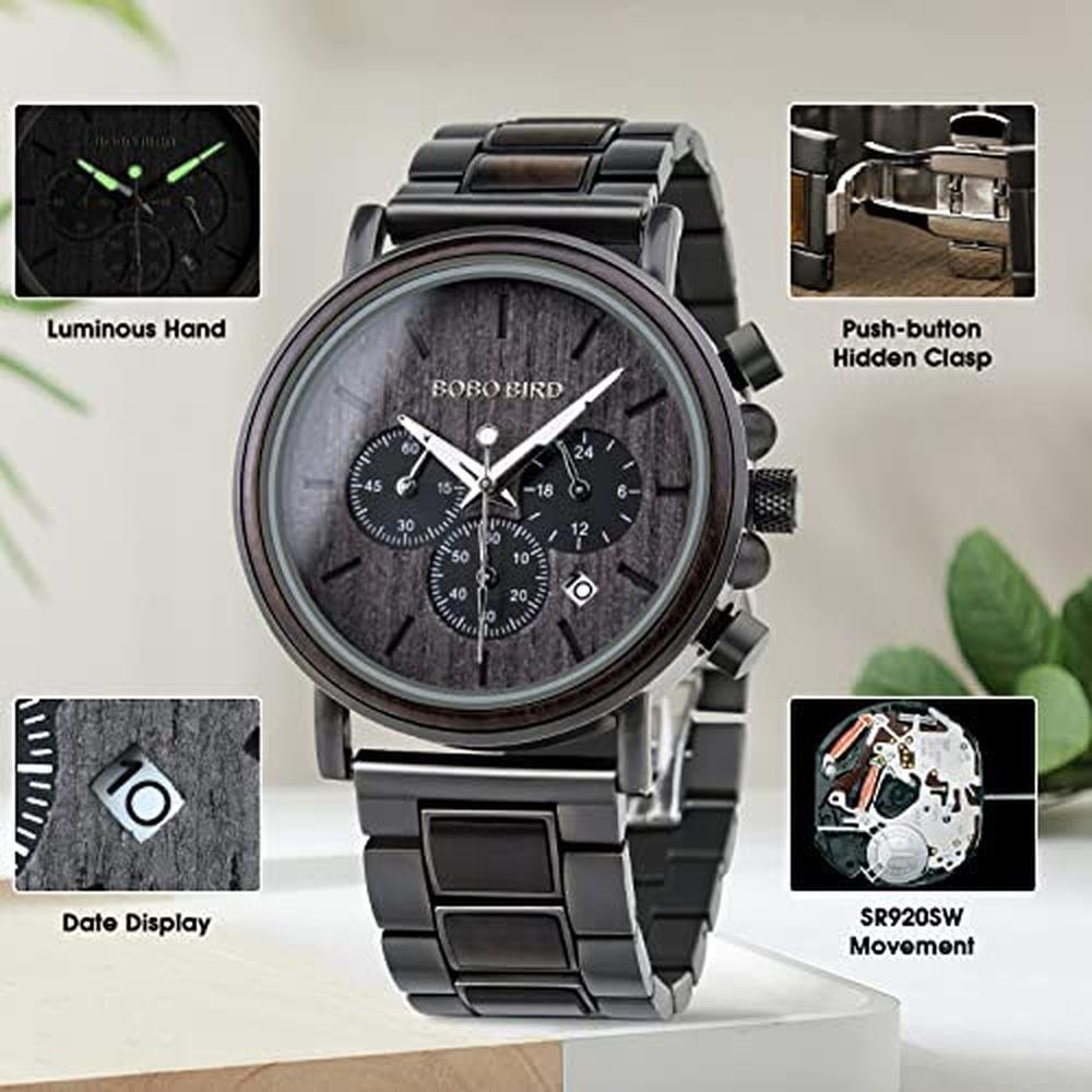 2win Mens Wooden Watches: Luxury Stainless Steel Wood Watch – Packaging