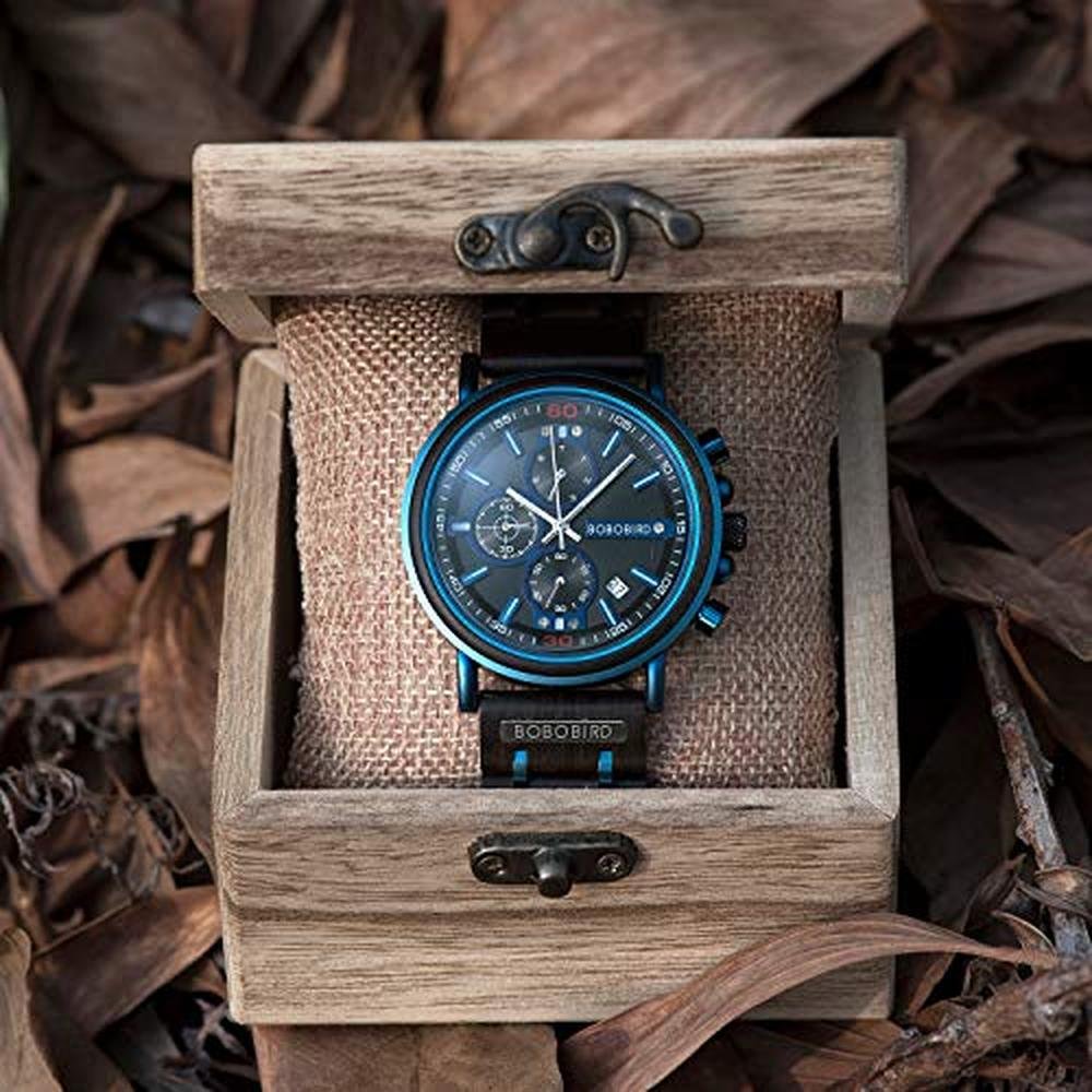 BOBO BIRD Mens Wooden Watch: GS018-6A Stylish Blue Wood – Packaging