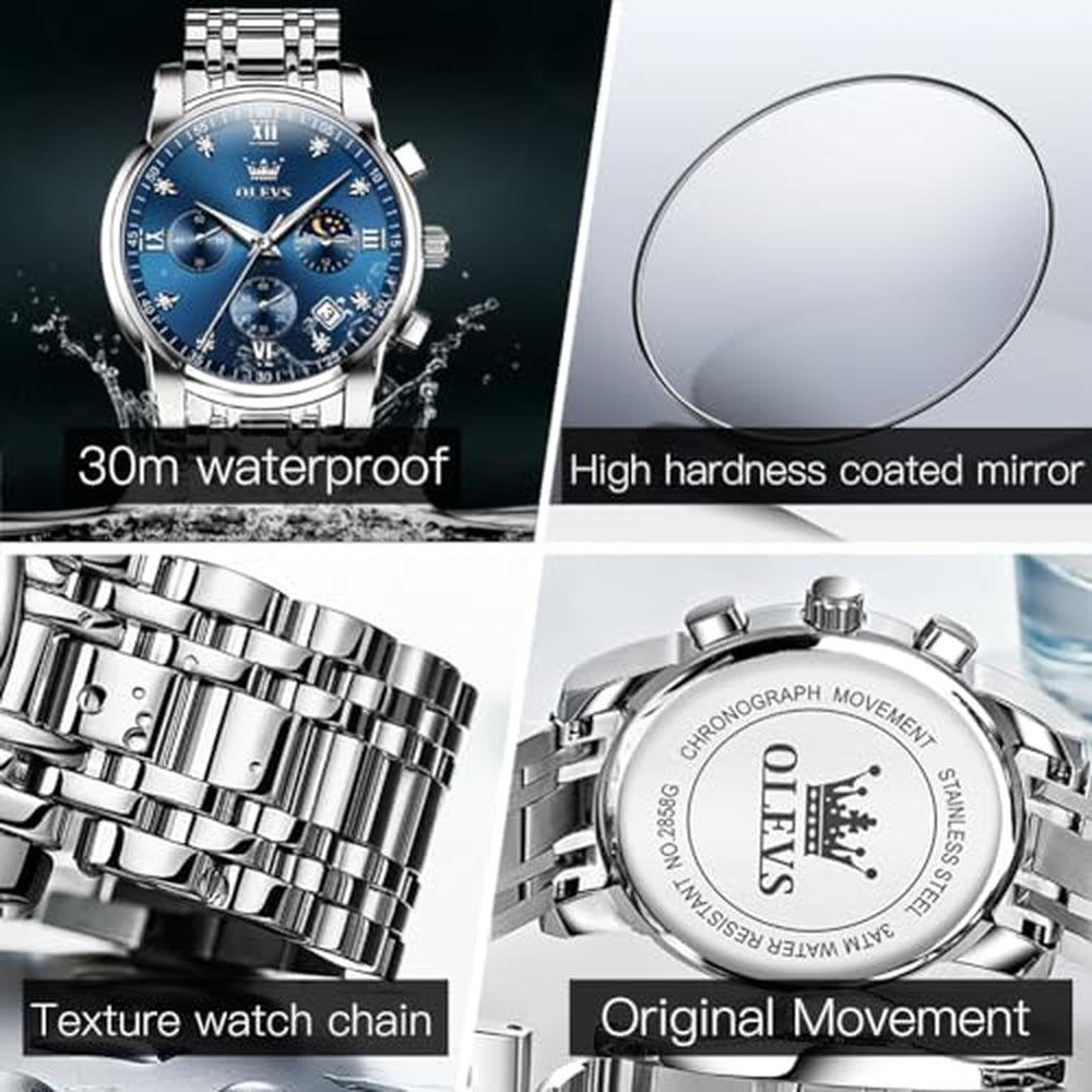 Watches Men: OLEVS Silver Mens Watches Large Blue Face – Packaging