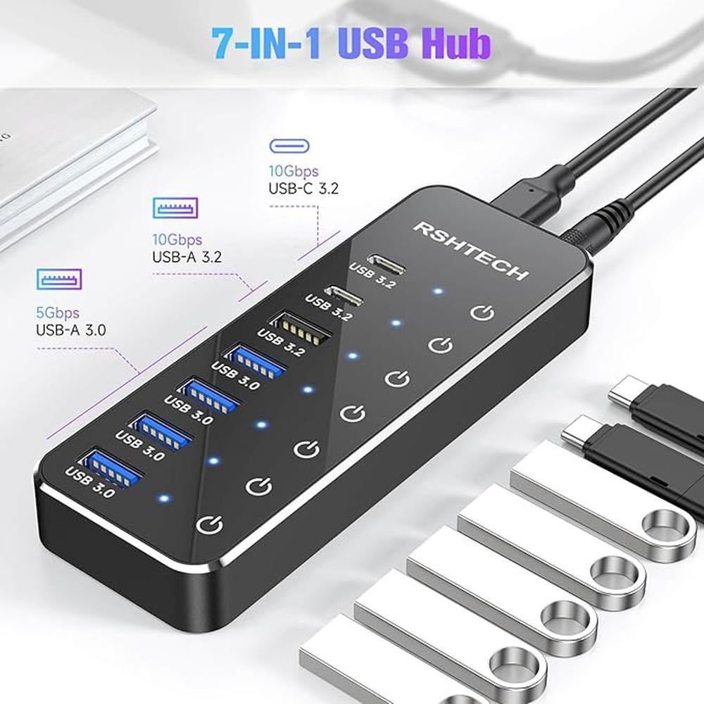 RSHTECH 7-Port Powered USB 3.2/USB C Hub with 10Gbps USB-A – Packaging