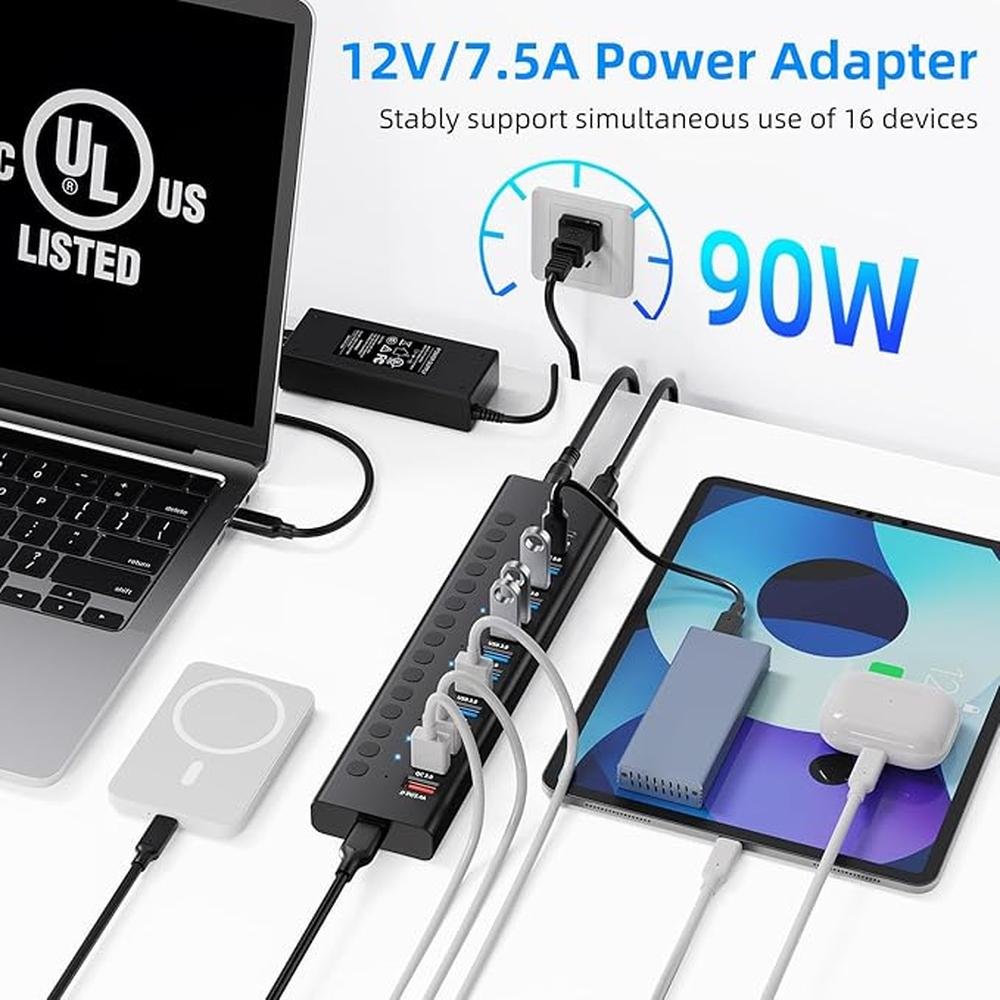 Powered USB 3.0 Hub: 16-Port USB C Hub Splitter (10 USB – Packaging