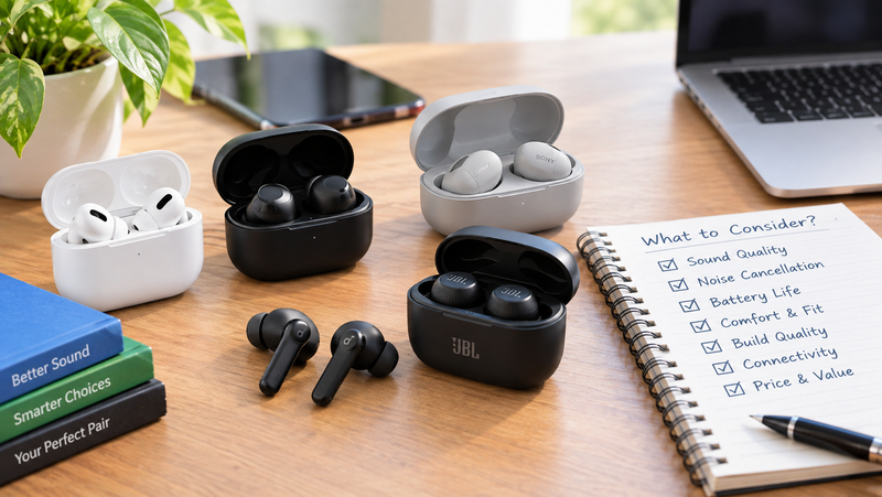 Wireless earbuds and charging cases with key buying considerations.