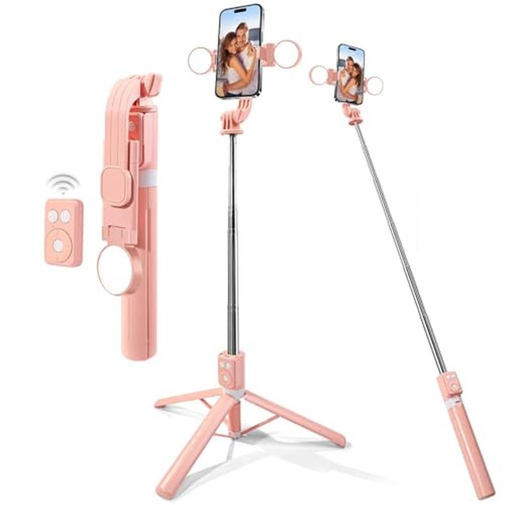 Phone Selfie Stick: 3-in-1 Tripod with Fill Light – Front View