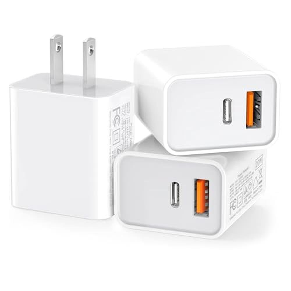 3 Pack USB C Wall Charger: 20W Durable Dual Port QC+PD 3.0 – Front View