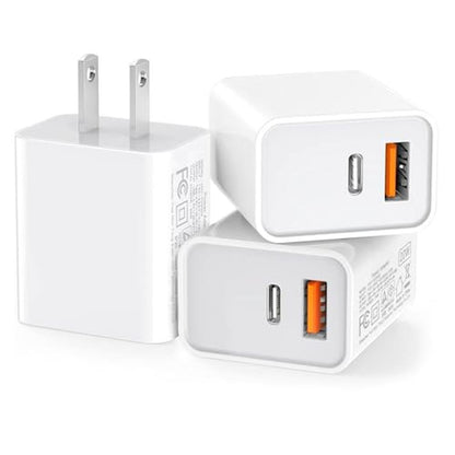 3 Pack USB C Wall Charger: 20W Durable Dual Port QC+PD 3.0 – Front View