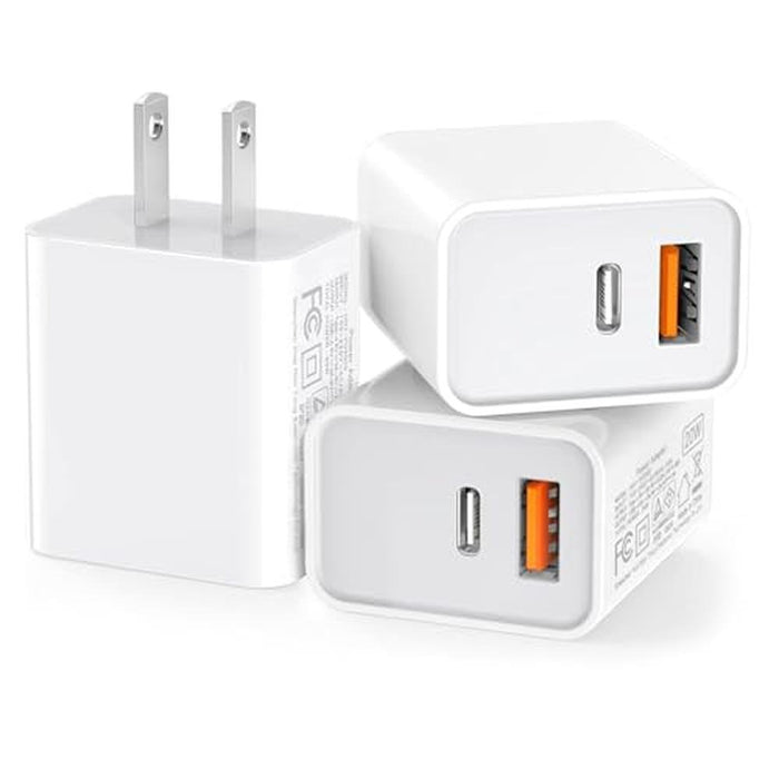 3 Pack USB C Wall Charger: 20W Durable Dual Port QC+PD 3.0 – Front View