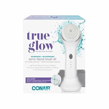 Conair True Glow Sonic Facial Brush Kit, Waterproof and Rechargeable with 2 Brush Heads and Cosmetic Storage Pouch