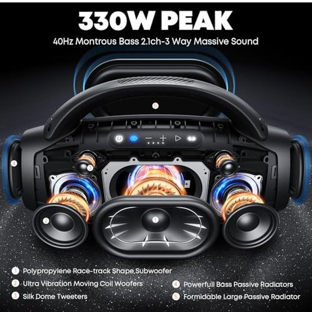 330W PEAK Loudest Boom Box: 7.5" Subwoofer/2.1Ch/IPX7 – Side View