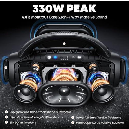 330W PEAK Loudest Boom Box: 7.5" Subwoofer/2.1Ch/IPX7 – Side View