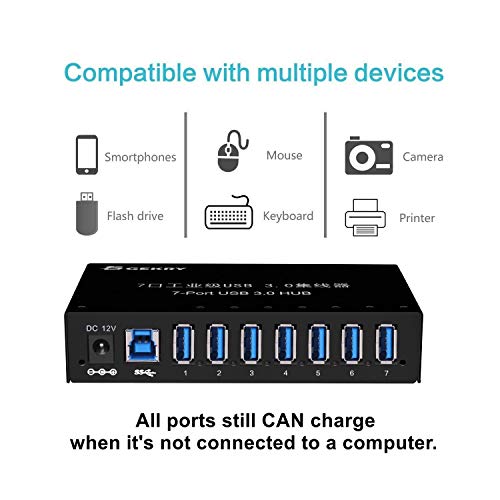 GEKRY USB 3.0 Hub: 7-Port Powered USB Data Hub with 36W AC – Front View