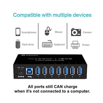 GEKRY USB 3.0 Hub: 7-Port Powered USB Data Hub with 36W AC – Front View