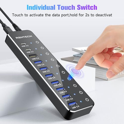 Powered USB Hub: RSHTECH 10-Port USB 3.2/USB C Hub 60W – Back View