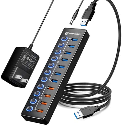 Powered USB Hub: MENKSID 11-Port USB 3.2 Hub with 7 Data – Front View