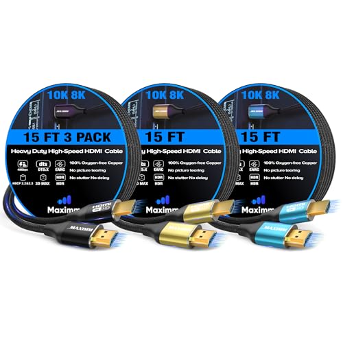 Maximm HDMI 2.1 Cable: 15 Feet Multicolor 3 Pack – Front View