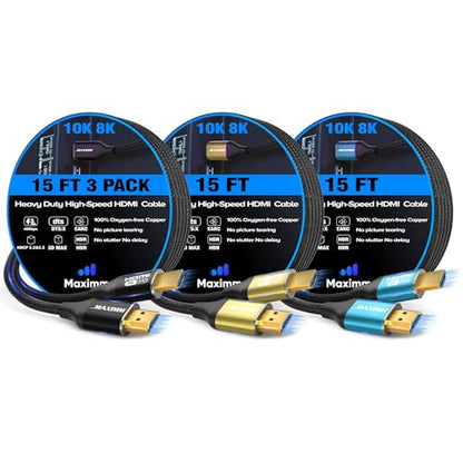 Maximm HDMI 2.1 Cable: 15 Feet Multicolor 3 Pack – Front View