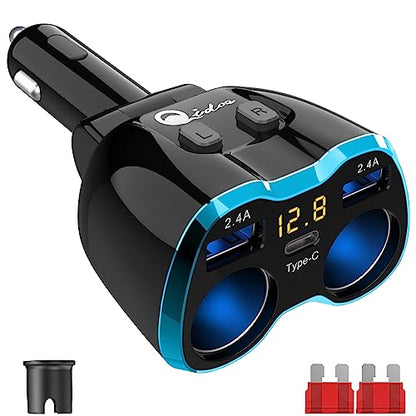 Cigarette Lighter Splitter: 2-Socket USB-C 12V Car Charger – Front View