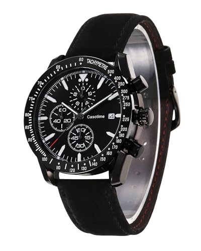 Men Leather Watch: Casotime Chronograph 30M Waterproof Big – Front View