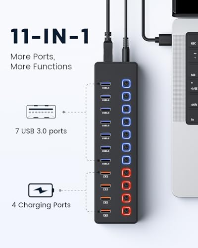 Powered Hub: 11-Port USB Hub Splitter with 7 USB 3.0 Data – Side View