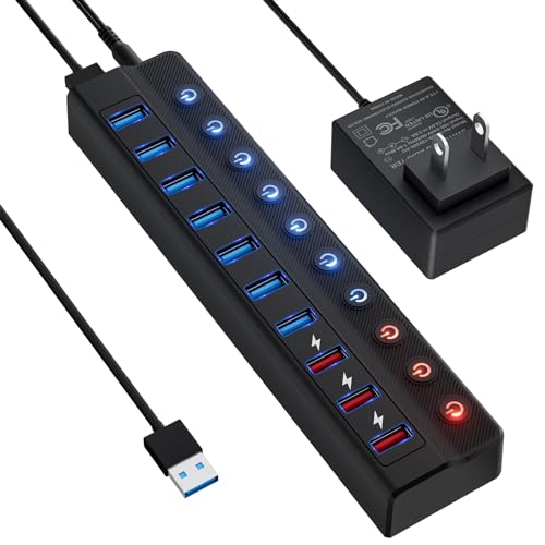 Hub Port: ONFINIO Powered USB Hub 10-Port USB Splitter – Front View