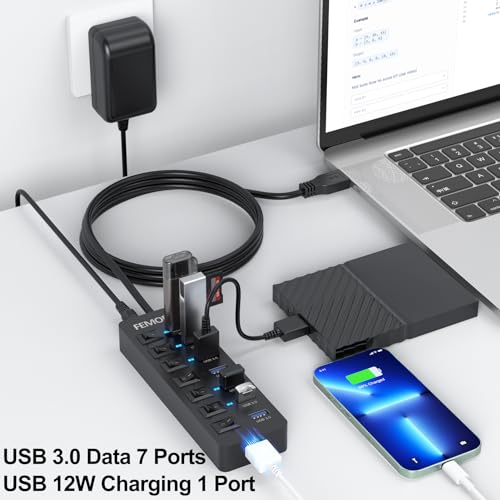 Powered USB Hub 3.0: 7-Port High-Performance Data Transfer – Side View