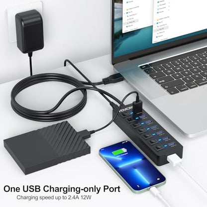 Powered USB Hub 3.0: 7-Port High-Performance Data Transfer – In Use