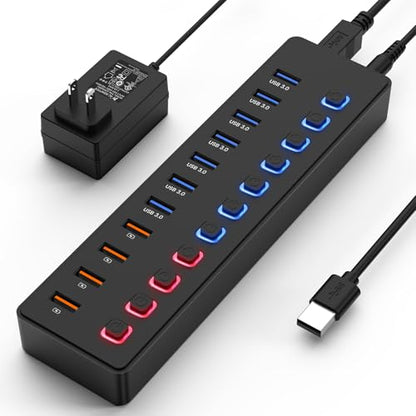 Powered Hub: 11-Port USB Hub Splitter with 7 USB 3.0 Data – Front View