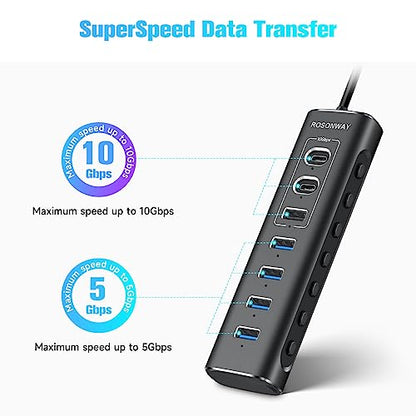 Hub Port: Rosonway 7-Port USB 3.2/USB C Hub with 10Gbps – Close-up Detail