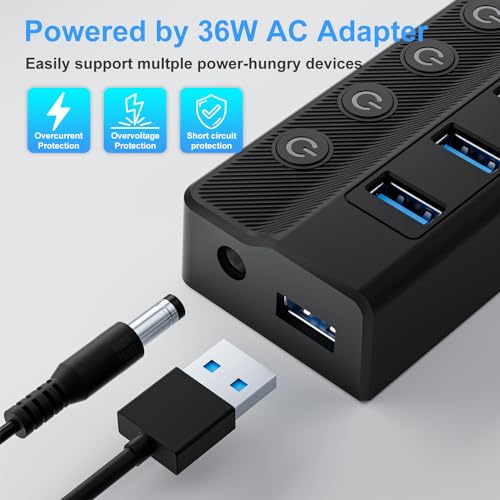 Hub Port: ONFINIO Powered USB Hub 10-Port USB Splitter – Back View