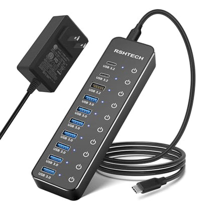 Powered USB Hub: RSHTECH 10-Port USB 3.2/USB C Hub 60W – Front View