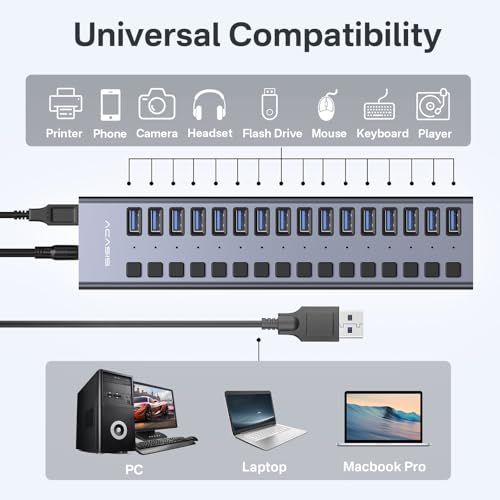 Powered Hub: ACASIS 16 Ports USB 3.1 Hub with 10Gbps Data – Back View
