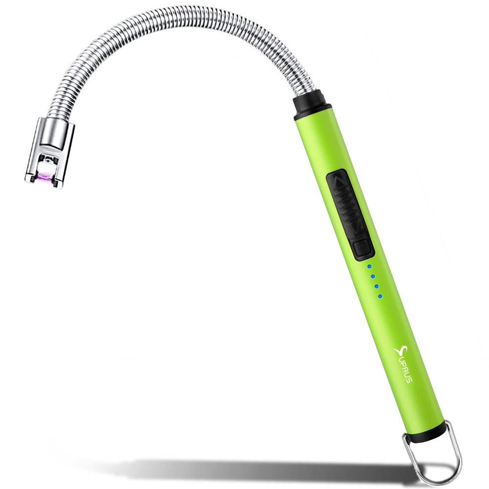 SUPRUS Fluorescent Rechargeable Electric Arc Lighter Triple Safety Long Lighter Stainless Steel Shell & Hanging Hook with 360°Flexible Neck in Party (Yellow)