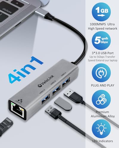 Ethernet Adapter: USB 3.0 Hub With Gigabit Ethernet 4-in-1 – Close-up Detail