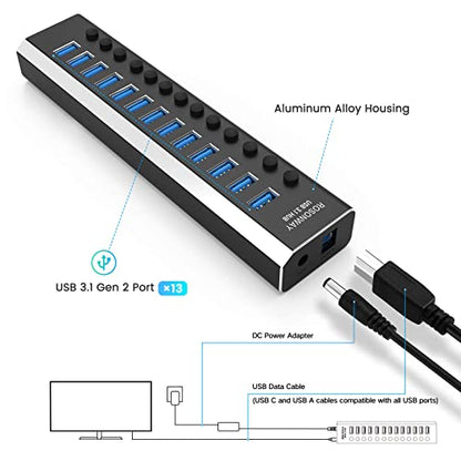 Powered USB Hub: Rosonway Aluminum 13 Port USB 3.1/3.2 Gen – Feature Highlight