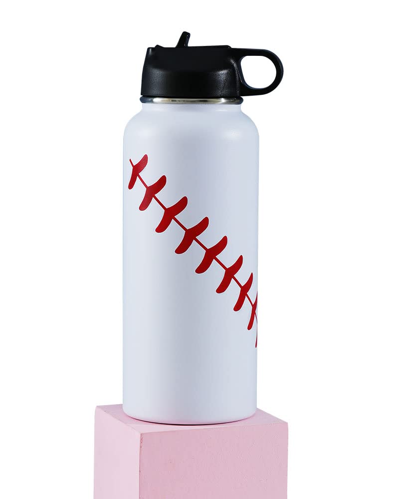 32 oz Baseball Sports Water Bottle Insulated 2 Lids Straw Travel Tumbler Durable Stainless Steel Vacuum Bottle (white)
