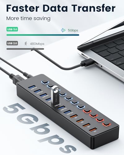 Powered Hub: 11-Port USB Hub Splitter with 7 USB 3.0 Data – Close-up Detail