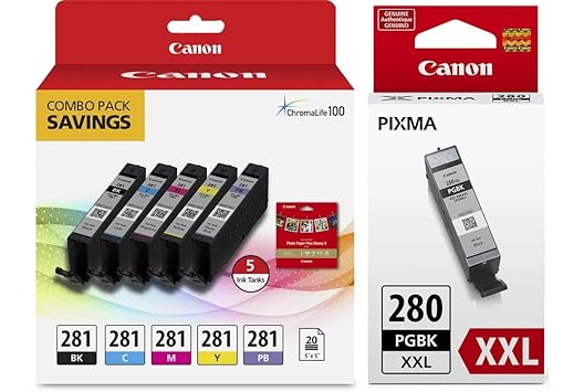 Genuine Canon CLI-281 5-Color Ink Tank Combo Pack with 5 x 5 Photo Paper (2091C006) + Canon PGI-280 XXL Pigment Black Ink Tank (1967C001)