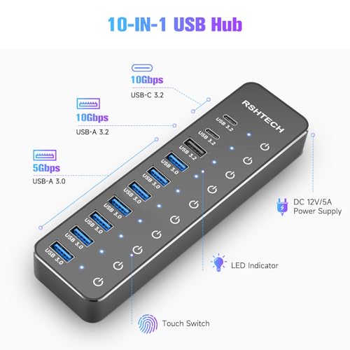 Powered USB Hub: RSHTECH 10-Port USB 3.2/USB C Hub 60W – Side View