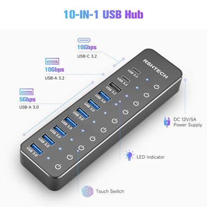 Powered USB Hub: RSHTECH 10-Port USB 3.2/USB C Hub 60W – Side View