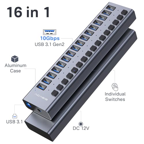 Powered Hub: ACASIS 16 Ports USB 3.1 Hub with 10Gbps Data – Side View