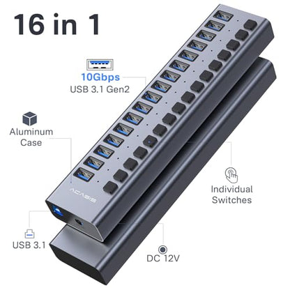 Powered Hub: ACASIS 16 Ports USB 3.1 Hub with 10Gbps Data – Side View