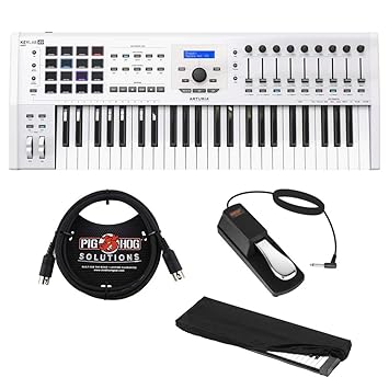 Arturia KeyLab MKII 49 Professional MIDI Controller and Software (White) with 6ft MIDI Cable, Sustain Pedal & Keyboard Dust Cover (Small) Bundle