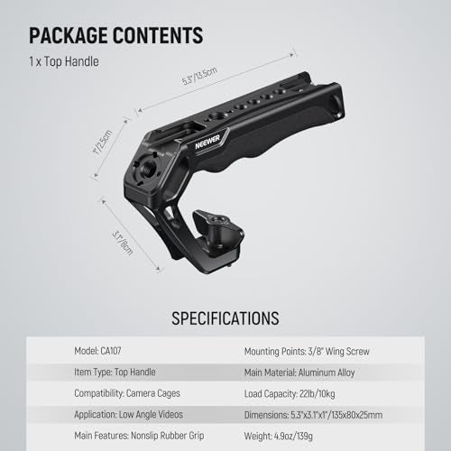 NEEWER Camera Top Handle with 3/8" Wing Screw & Locating – Additional Angle