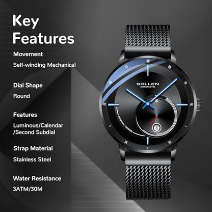 Men's Sollen Automatic Watch: Sollen Black Minimalist 3ATM – In Use