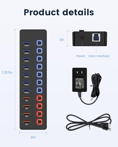 Powered Hub: 11-Port USB Hub Splitter with 7 USB 3.0 Data – Feature Highlight