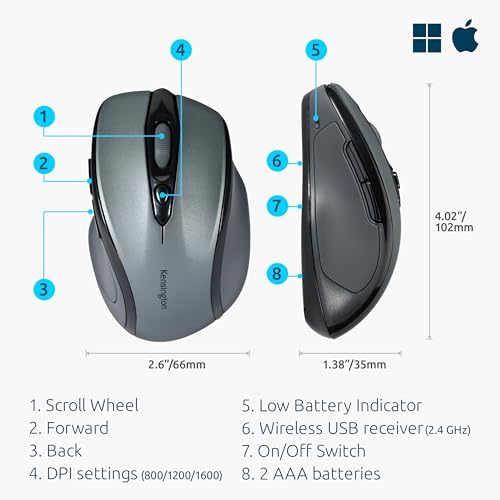 Kensington Pro Fit Mid-Size Wireless Mouse – Side View