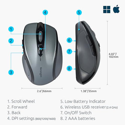 Kensington Pro Fit Mid-Size Wireless Mouse – Side View