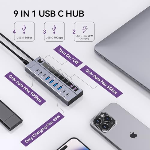 Powered Hub: Minisopuru USB C Hub 10Gbps Data Transfer – Side View